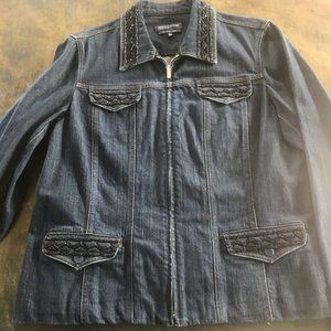 Jones of NY SZ XL Stretch Denim Jacket Navy w/BLK Embroidery and Bugle Beading